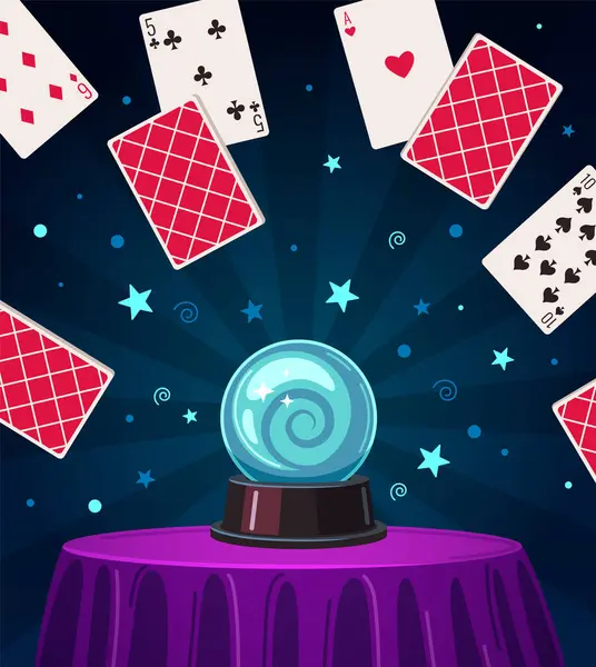 Magician Show Composição Dos Desenhos Animados Com Esfera Cristal Cartas —  Vetores de Stock