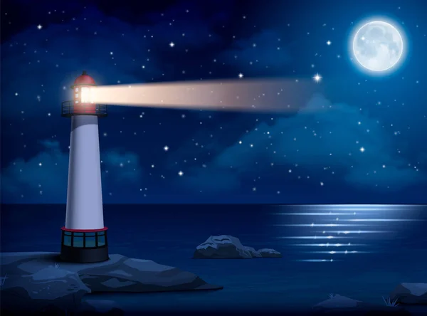 Geceleyin Deniz Feneri Işık Demeti Arkaplan Vektörü Illüstrasyonunda Karanlık Gökyüzü — Stok Vektör
