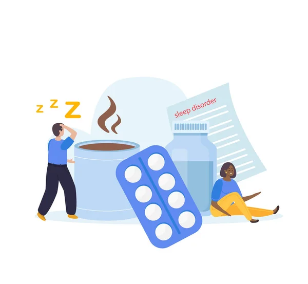 Schlafstörung Flache Zusammensetzung Mit Schlaflosigkeit Problem Pillen Vektor Illustration — Stockvektor