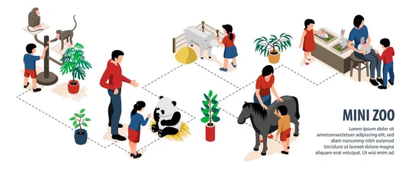 带有独立图标流程图的动物家庭植物和人传病媒介的等距迷你动物园儿童构图 — 图库矢量图片