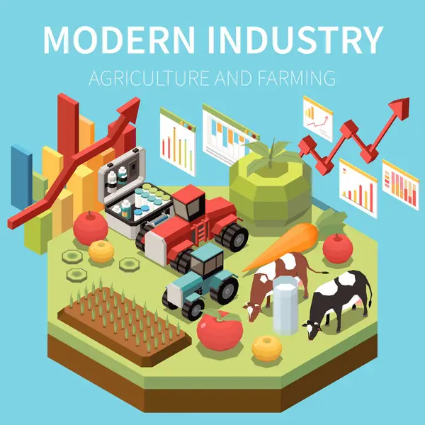 Nowoczesny Przemysł Nowe Technologie Rolnictwie Rolnictwie Kompozycja Izometryczna Niebieskim Tle — Wektor stockowy