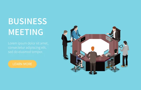 ビジネスミーティングは オフィスベクターイラストのチームワーク中にビジネスの人々のグループを持つ幾何学的なWebページバナーテンプレートです — ストックベクタ