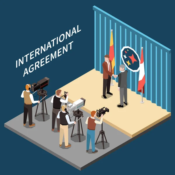 Political International Agreement Isometric Composition Reporters Shooting Two Male Politicians — Stock Vector
