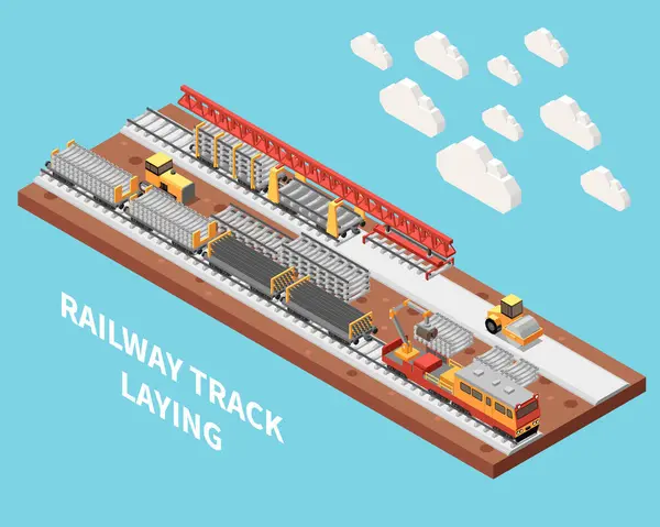 Залізнична Колія Прокладання Залізничного Будівництва Ізометрична Векторна Ілюстрація — стоковий вектор