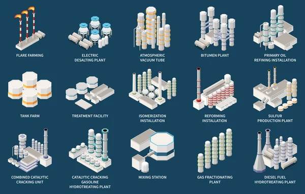 Oil Refinery Facilities Isometric Icons Set Isolated Dark Blue Background — Stock Vector