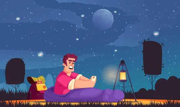 Man Going Sleep Camping Site Starry Sky Flat Vector Illustration — Stock Vector
