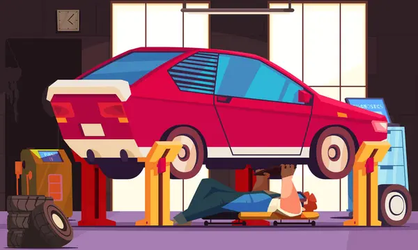 Auto Service Garage Mit Mechaniker Befestigung Auto Flachen Vektor Illustration — Stockvektor