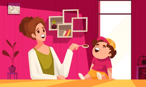 Pediatra Poster Cartone Animato Con Medico Femminile Dando Medicina Cucchiaio — Vettoriale Stock