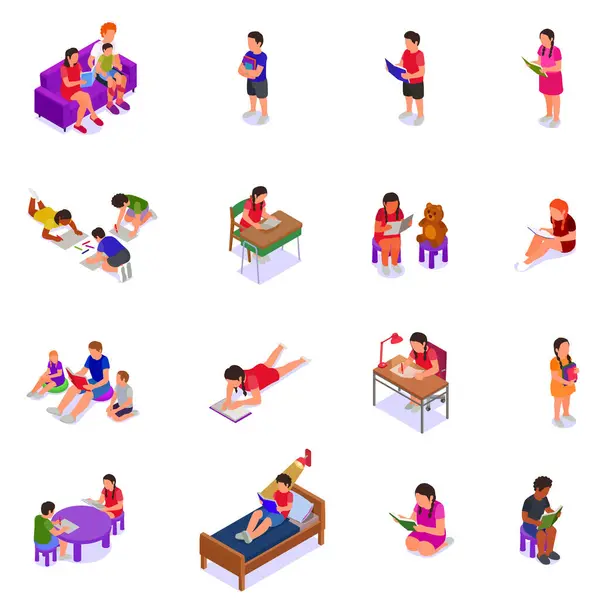 Children Reading Learning Drawing Isometric Icon Set Children Read Lying — Stock Vector