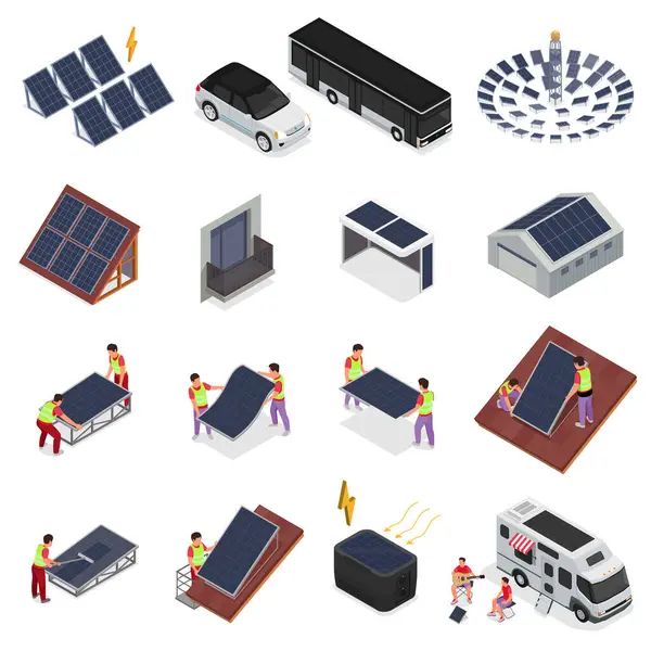 Lidé Instalující Používající Solární Panely Izometrické Ikony Nastavují Solární Panely — Stockový vektor