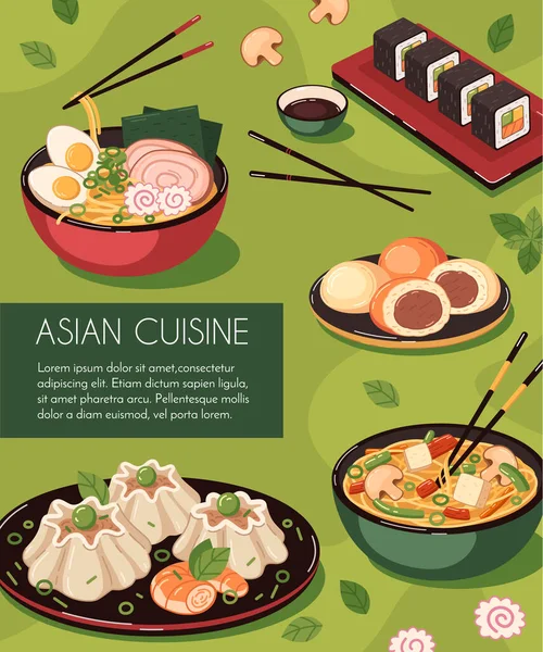 Asian Food Cartoon Composition Chinese Dumpling Soup Bowls Vector Illustration — Stock Vector