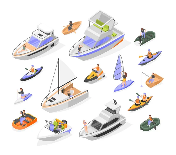 Navi Nautiche Icone Isometriche Impostate Con Canoa Kayak Veliero Isolato — Vettoriale Stock