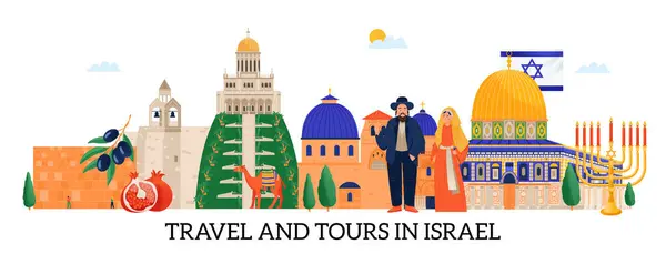 Podróże Wycieczki Israel Płaski Baner Poziomy Ludźmi Zabytków Architektonicznych Ilustracji — Wektor stockowy