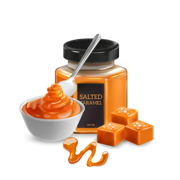 Composición Realista Caramelo Salado Con Crema Caramelo Líquido Caramelos Caramelo — Vector de stock