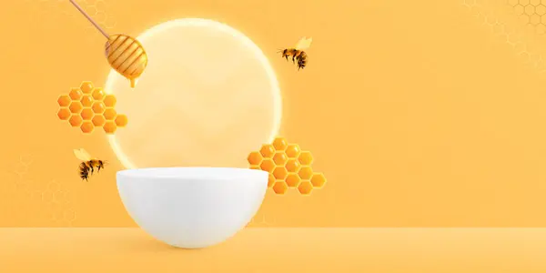 Honig Hintergrund Podium Attrappe Realistische Komposition Mit Bildern Von Bienen — Stockvektor