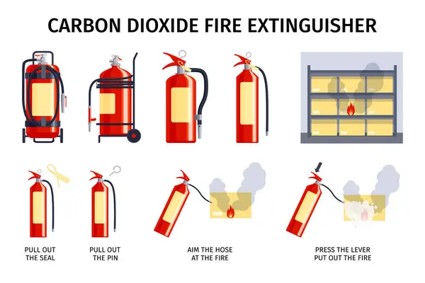 Conjunto Extintor Incendios Con Iconos Aislados Botellas Tapón Fuego Dióxido — Archivo Imágenes Vectoriales