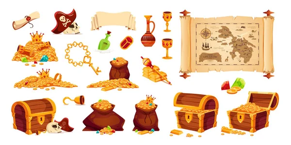 Піратські Скарби Мультфільм Набір Іконок Скринями Золоті Коштовності Карта Людського — стоковий вектор
