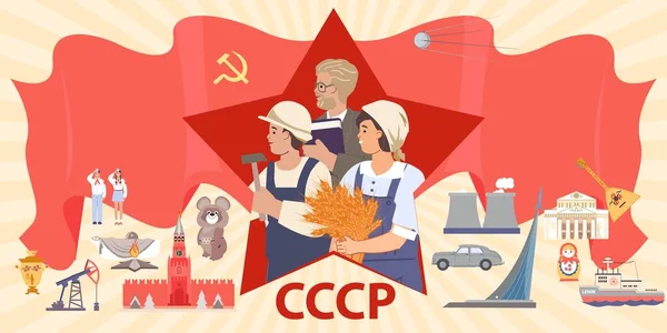 Platte Samenstelling Van Ussr Symbolen Met Sovjet Mensen Kremlin Pioniers — Stockvector