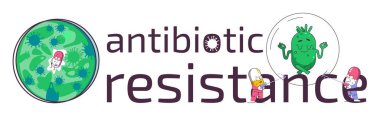 Antibiyotik dirençli düz metin bileşimi ile mikrop vektör illüstrasyonuyla mücadele etmeye çalışan ilaçlar
