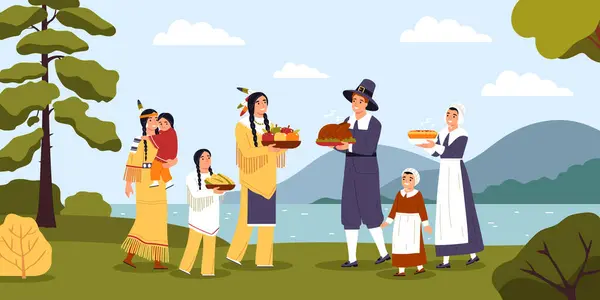 Familles Vêtues Costumes Amérindiens Pèlerins Célébrant Action Grâce Illustration Vectorielle — Image vectorielle