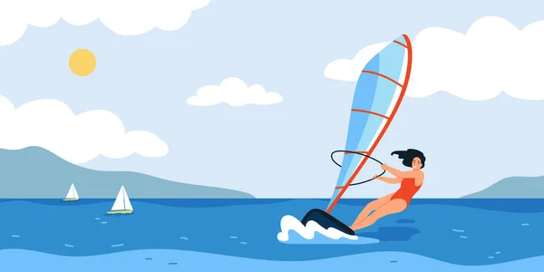 Flat Water Sport Concept Happy Woman Windsurfing Vector Illustration — Stock Vector