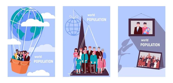 具有不同年龄层图解的文本和人物性格的世界人口三个垂直组合 — 图库矢量图片