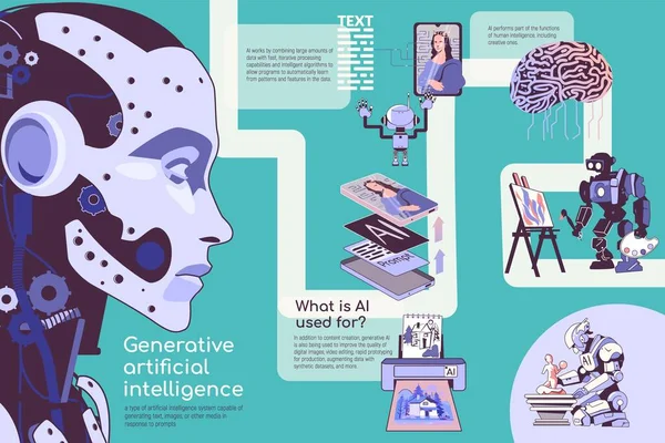 Παραγόμενη Επίπεδη Infographic Σύνθεση Ρομποτικούς Χαρακτήρες Εκτυπωτή Εγκεφάλου Και Smartphone — Διανυσματικό Αρχείο