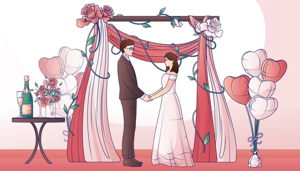 新娘和新郎手挽手束气球 香槟酒和花卉病媒图解的婚礼平行线构图 — 图库矢量图片