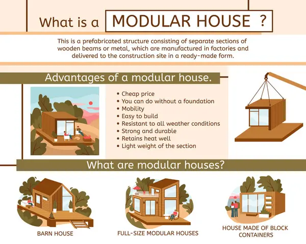 Infografía Plana Casa Modular Con Ventajas Una Casa Modular Tipos — Archivo Imágenes Vectoriales