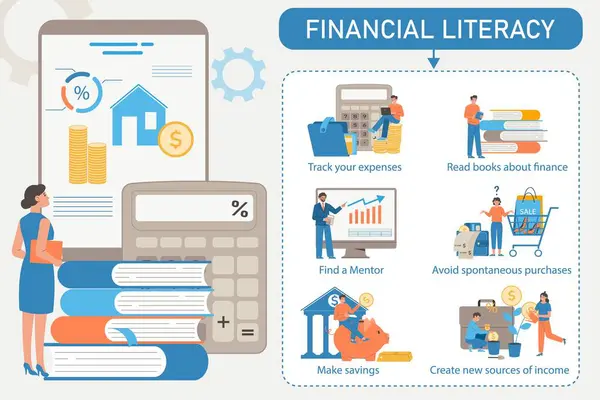 Financiële Geletterdheid Infografische Set Met Bronnen Van Inkomen Symbolen Platte — Stockvector