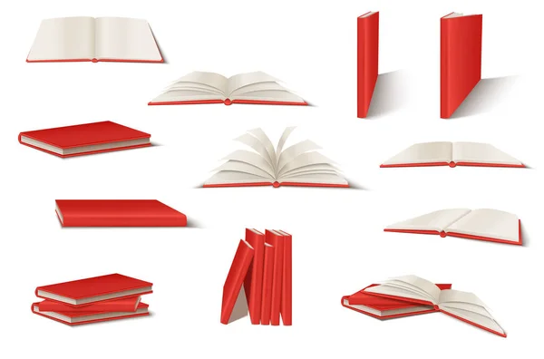読書シンボルによって隔離されるベクトルのイラストが付いている本の現実的なセット — ストックベクタ