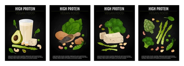 设置四个独立的素食蛋白质海报 附有可编辑的文字和素食病媒图解组合 — 图库矢量图片