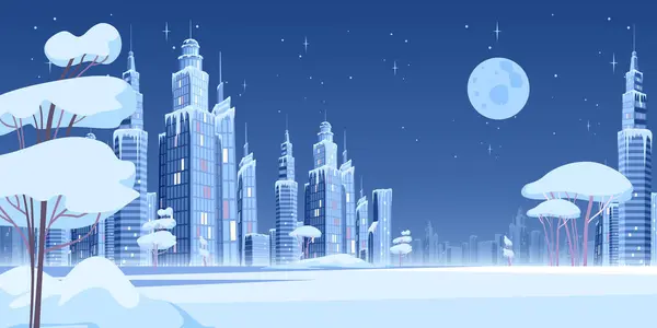 冰雪雪地现代城市构图与雪地公园夜景及摩天大楼上的冰柱矢量图解 — 图库矢量图片