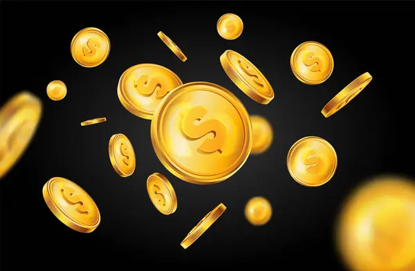 现实的金硬币 黑色背景和飞行的美元分币在运动矢量图像中的黄金颜色构成 — 图库矢量图片
