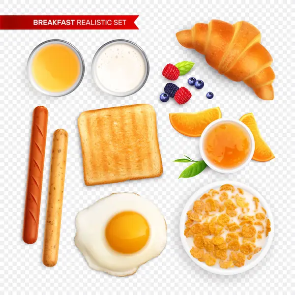 早餐现实设置在透明的背景与孤立的图像玉米片蜂蜜鸡蛋吐司羊角面包病媒说明 — 图库矢量图片