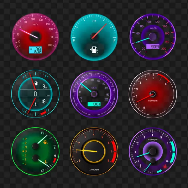 Colorful Realistic Auto Speedometer Icons Isolated Transparent Background Vector Illustration — Stock Vector
