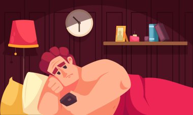 Akıllı telefon bağımlılığı karikatür geçmişi yatakta yatan ve gece vektör illüstrasyonunda cep telefonuna bakan bir adam.