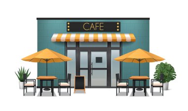 Cafe gerçekçi kompozisyonu açık hava restoranı mobilya vektör illüstrasyonu