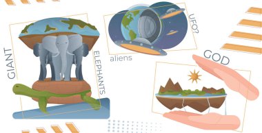 Düz simgelerin insan eliyle kolajını içeren Dünya teorisi bileşimi filler kaplumbağa ufo ve metin vektör illüstrasyonu