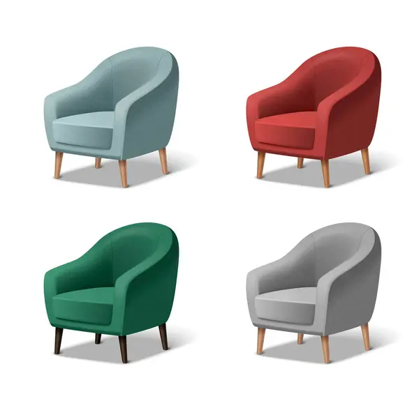 Ícones Poltrona Realista Conjunto Com Cadeiras Estofos Clássicos Cores Diferentes — Vetor de Stock