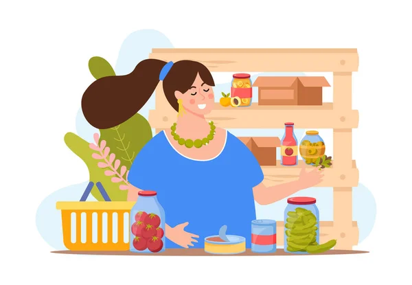 Konserven Flache Zusammensetzung Mit Frau Lebensmittelgeschäft Vektor Illustration — Stockvektor