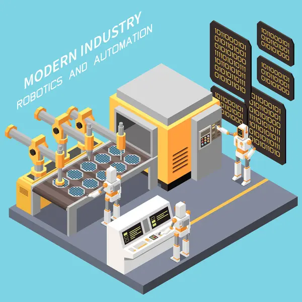 Nowoczesny Skład Przemysłowy Robotami Pracującymi Nad Ilustracją Wektora Izometrycznego Zakładu — Wektor stockowy