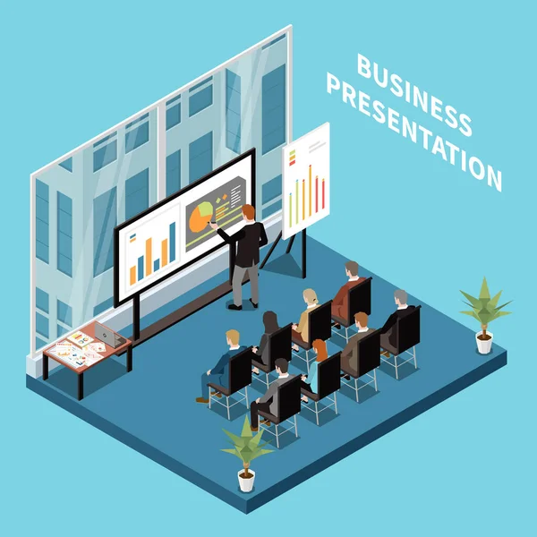 会議室の図とチャートでプレゼンテーションを見ているビジネスの人々 幾何学組成 ベクターのイラスト — ストックベクタ