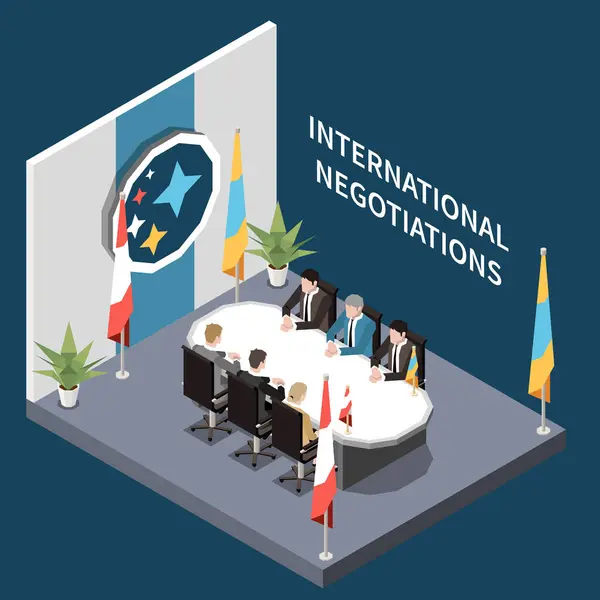 Politicians Sitting Table International Negotiations Isometric Vector Illustration — Stock Vector