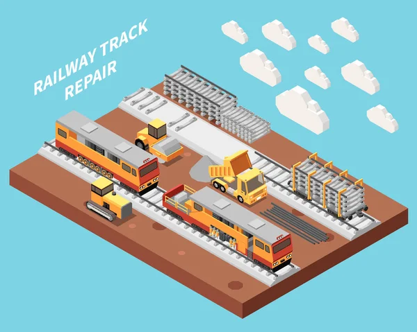 Järnvägsspår Reparation Och Byggprocess Isometrisk Sammansättning Blå Bakgrund Vektor Illustration — Stock vektor