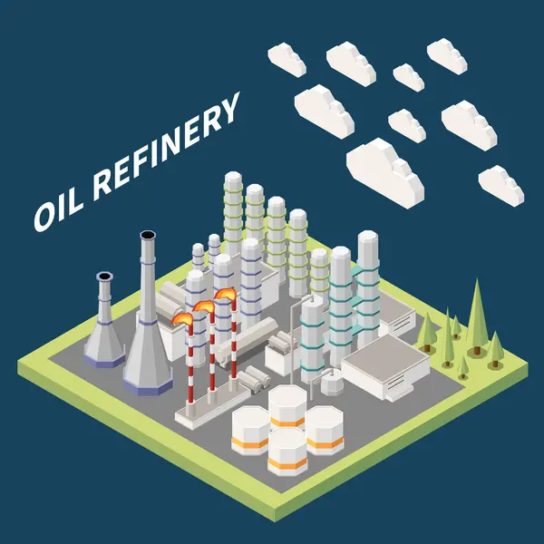 Refinería Petróleo Diesel Combustible Bitumen Planta Producción Edificio Vector Isométrico — Vector de stock