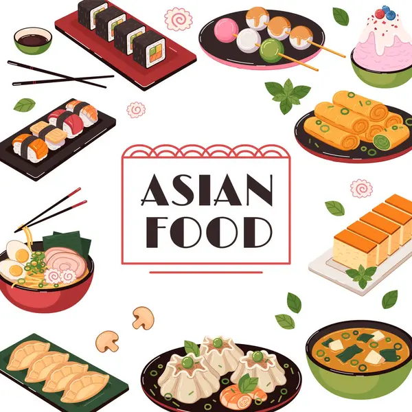 Comida Asiática Set Plano Con Cocina China Comidas Vector Ilustración — Vector de stock