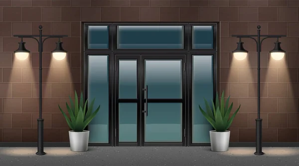Pouliční Lampa Realistický Koncept Vstupem Budovy Skleněnými Dveřmi Vektorovou Ilustrací — Stockový vektor