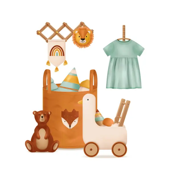 Composição Cor Realista Bebê Boho Consistindo Brinquedos Vestido Acessórios Ilustração —  Vetores de Stock
