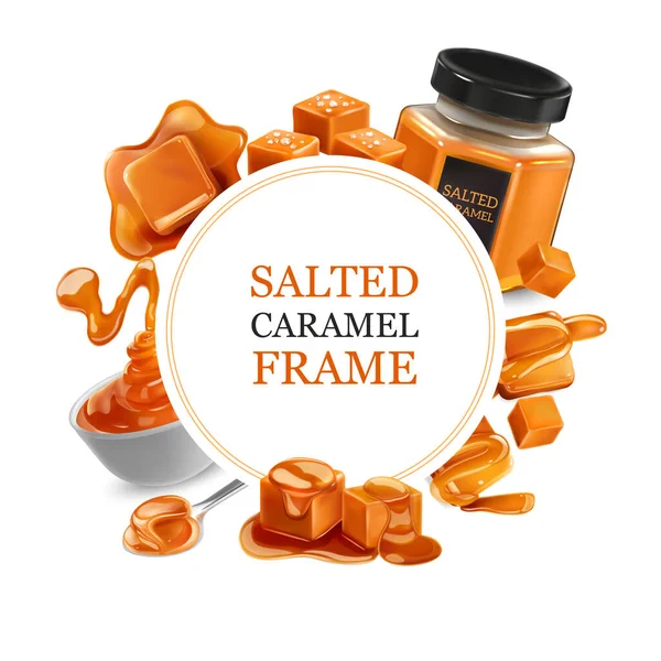 Frame Fringed Realistic Products Salted Caramel Spoon Jar Bowl Vector — Stock Vector